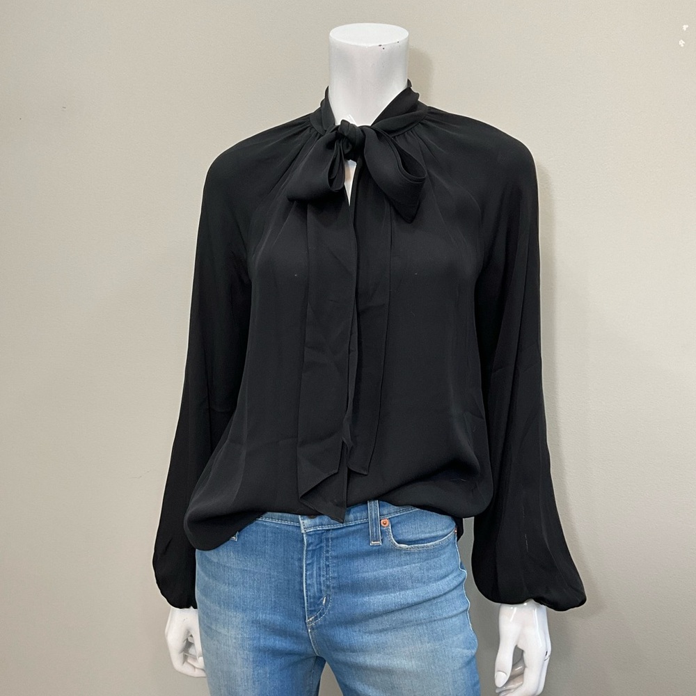 THEORY Black Silk Tie-Neck Blouse Long Sleeve Bow Collar Top Size S
